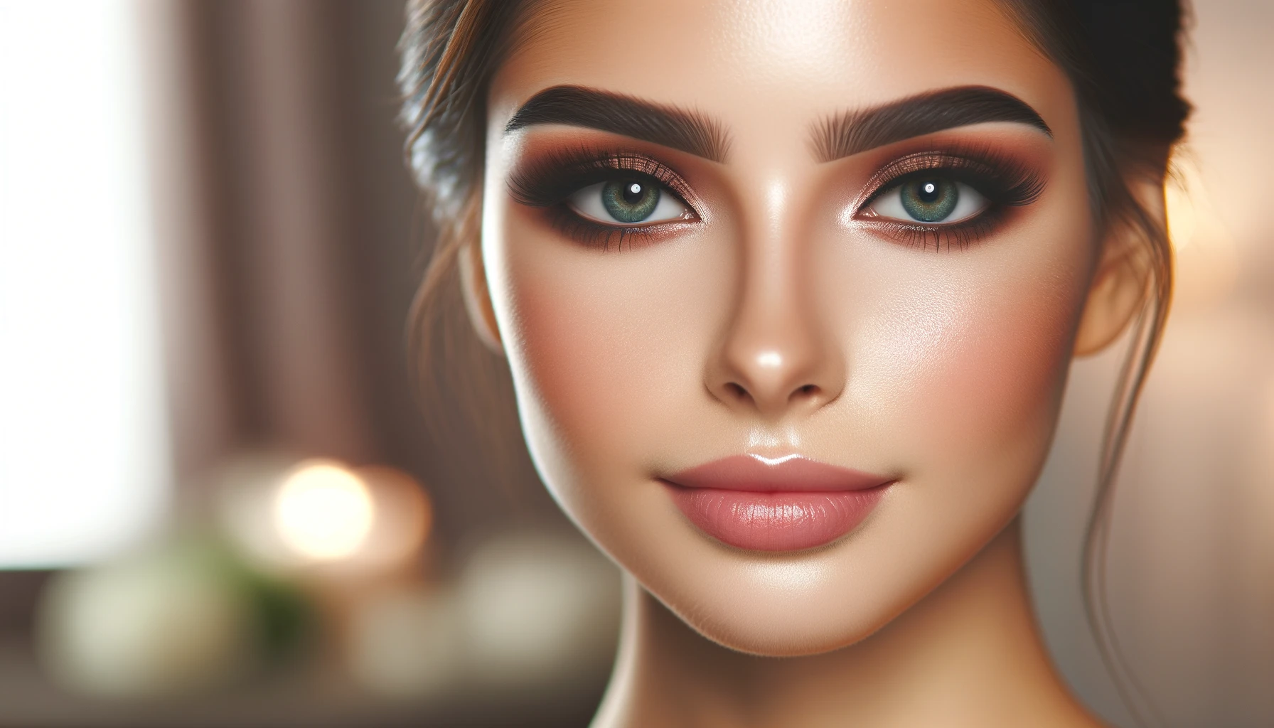 A close-up of a woman’s face after completing her makeup, with a focus on her eyes. She has flawless eye makeup with beautifully blended eyeshadow and perfectly applied eyeliner and mascara. Her skin looks smooth and radiant, with a touch of blush and highlighter. The background is softly blurred, drawing all attention to her face and makeup. Her expression is calm and confident, showing off the finished makeup look.