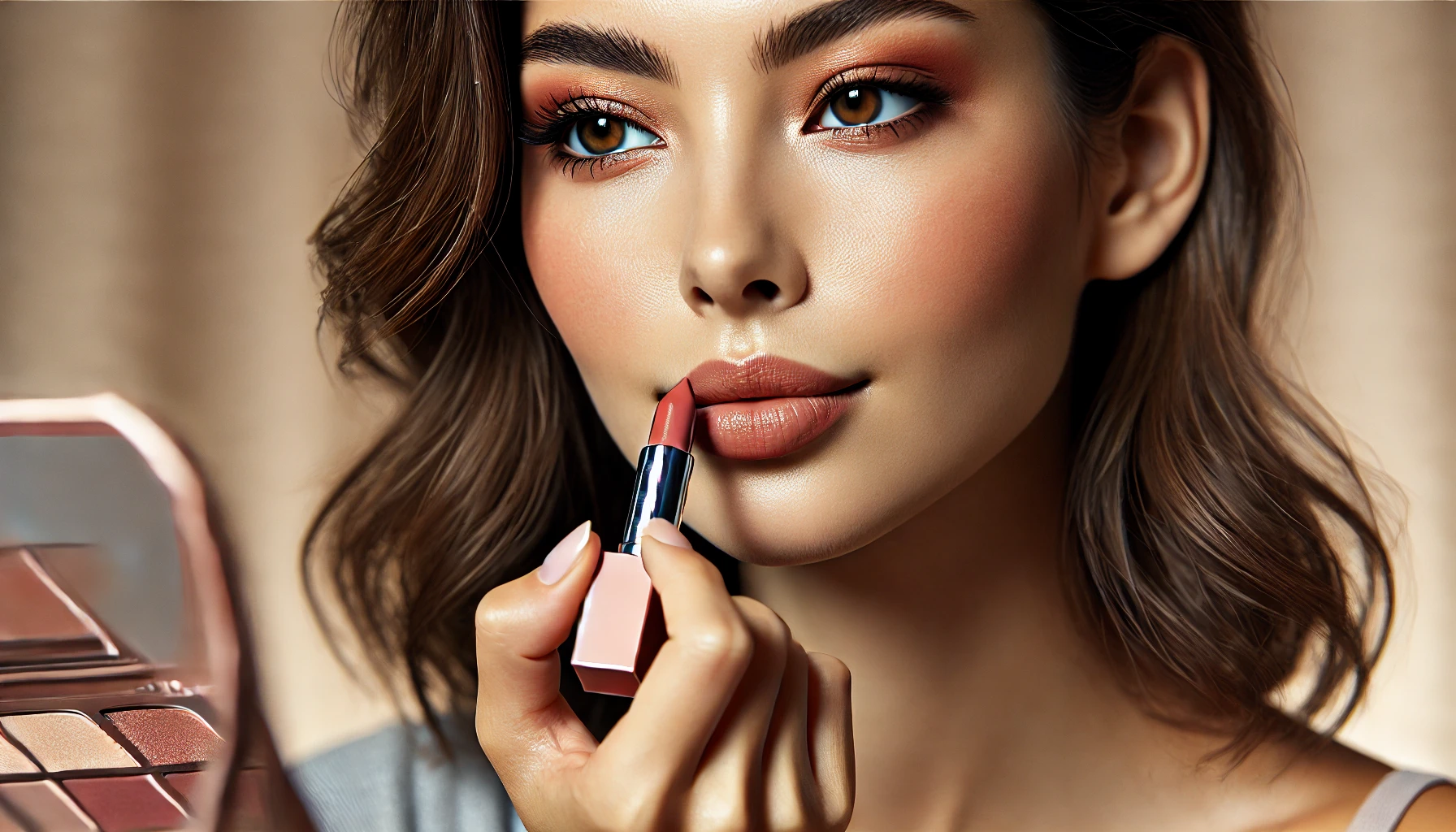 A woman with medium skin tone, continuing her makeup routine by applying matte lipstick to her lips. She has a warm complexion and is focused on carefully applying the lipstick. Her makeup is well-done with soft eyeshadow, eyeliner, mascara, and a subtle blush on her cheeks. The matte lipstick she is using complements her overall look. The background is softly blurred, keeping the focus on her face and the lipstick application. Her expression is calm and confident, highlighting her well-crafted makeup and natural beauty.