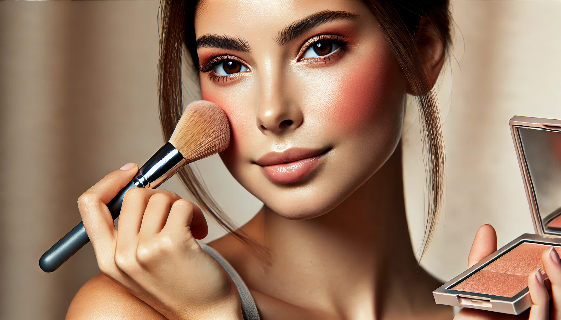 A woman with medium skin tone applying blush to her cheeks. She has a warm complexion and is using a makeup brush to gently add blush to her face. Her makeup is well-done, with soft eyeshadow, eyeliner, and mascara enhancing her features. The background is softly blurred, keeping the focus on her face and the blush application process. Her expression is calm and focused, highlighting her natural beauty and glowing skin.