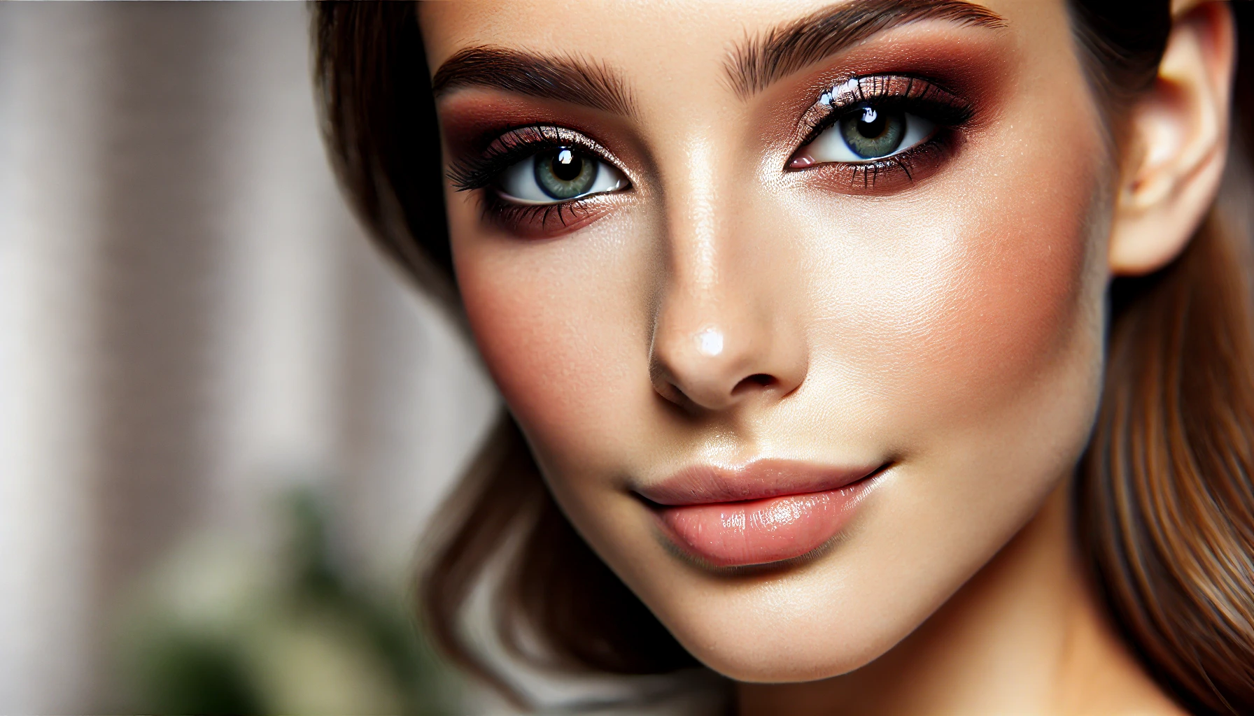 A close-up of a woman’s face after completing her makeup, with a focus on her eyes. She has flawless eye makeup with beautifully blended eyeshadow and perfectly applied eyeliner and mascara. Her skin looks smooth and radiant, with a touch of blush and highlighter. The background is softly blurred, drawing all attention to her face and makeup. Her expression is calm and confident, showing off the finished makeup look.